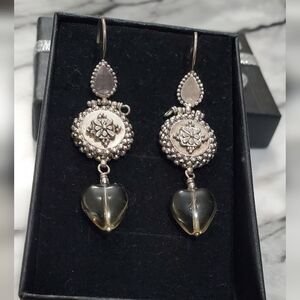 Vtg. Smoke Quarts Heart Marcasite Dangle Earrings by Satellite
